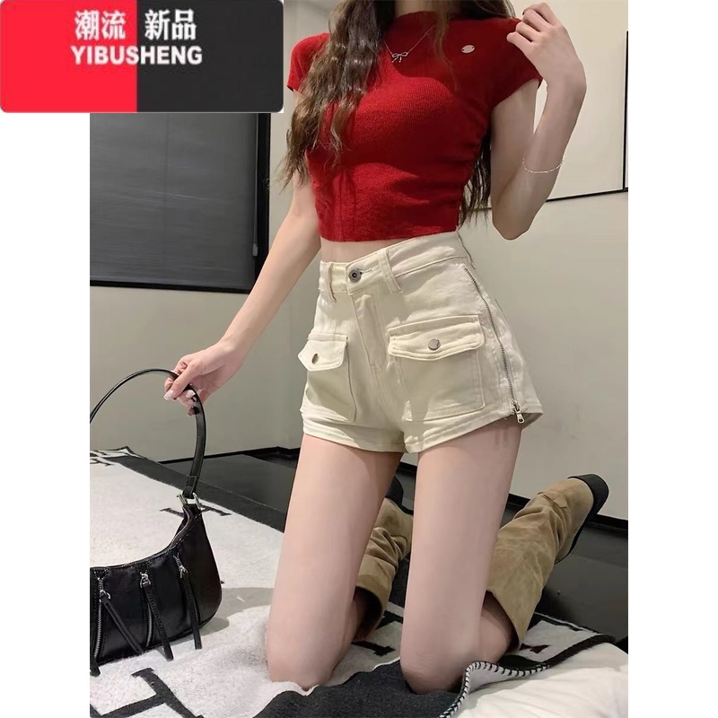 YIBUSHENG水洗拉链白色牛仔短裤女季新款辣妹高腰显瘦直筒裤子休闲热裤N L 白色/2024年新款/美式vibe风/辣妹/国潮oversi