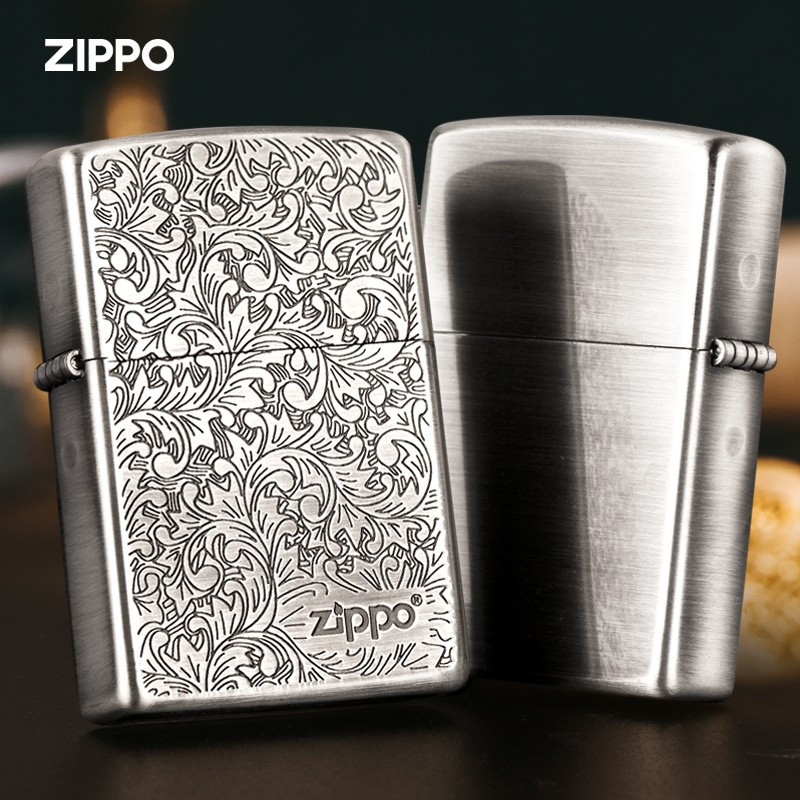 美国zippo打火机芝宝铜蚀刻唐草深雕原装煤油防风镀银唐草