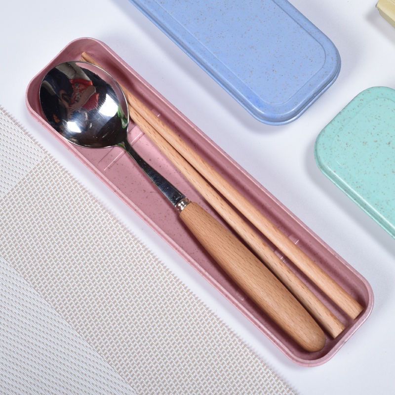 木质筷子勺子套装学生儿童成人旅行环保便携餐具三件套筷勺套木柄圆头