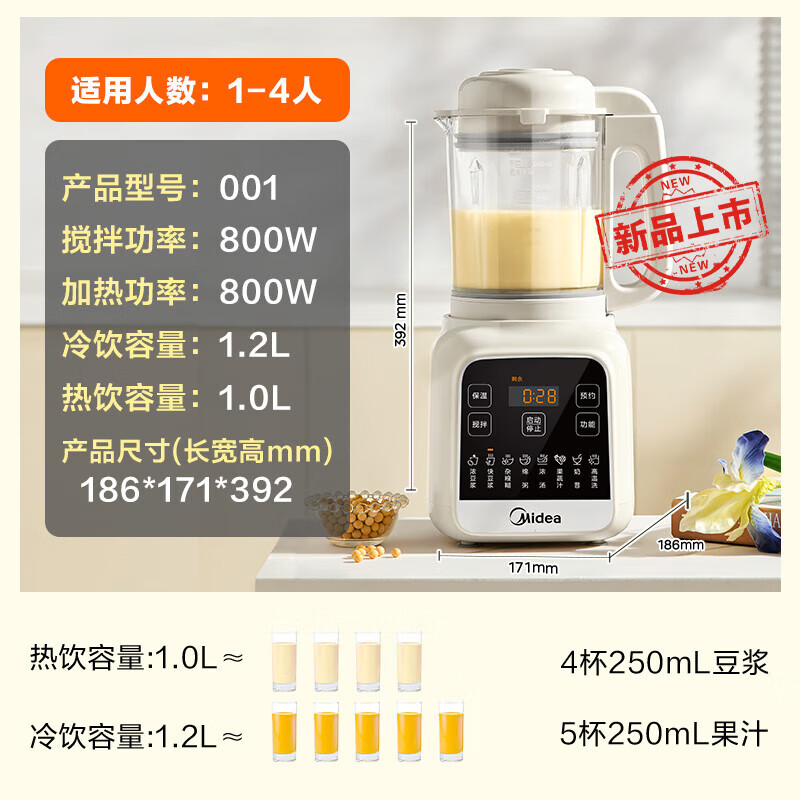 美的(Midea)破壁机家用小型1.2L容量多功能免滤豆浆机五谷米糊料理机辅食机榨汁机 MJ-PB50G2-001高清大图