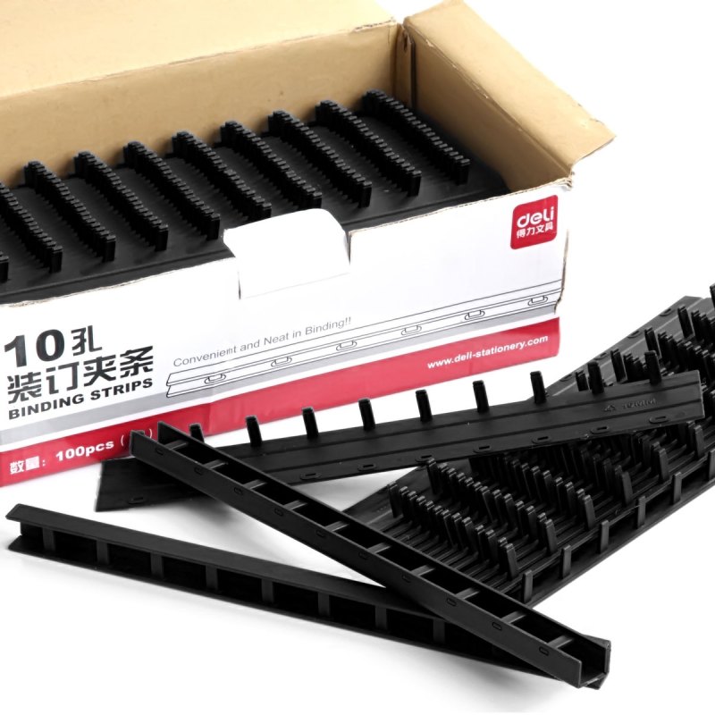 得力3829装订压条 压边条 装订夹条 10孔文件方案装订夹条15mm 100根/盒 黑色