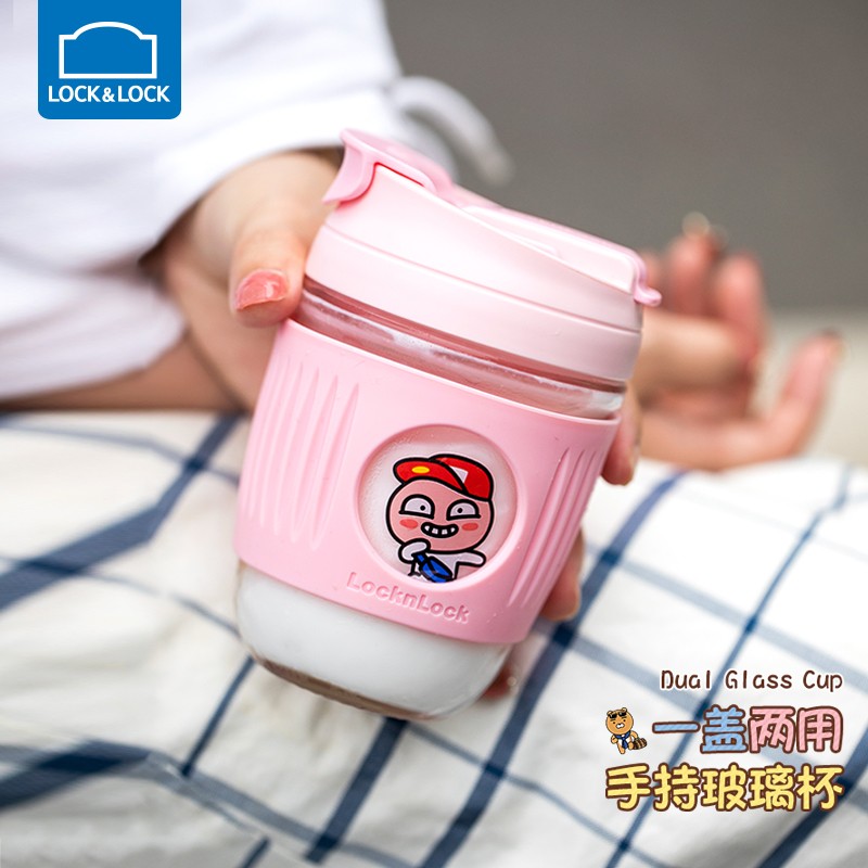 乐扣乐扣玻璃杯kakao水杯一盖两用卡通咖啡杯子男简约吸管水杯女学生便携 啵啵桃 粉色【350ML】LLG689
