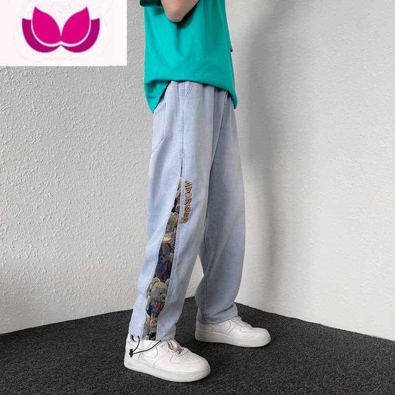 七斓牛仔长裤男ins复古拼接小熊高街夏季工装裤子潮牌九分束脚裤图片