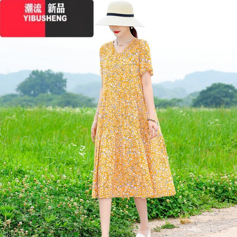 YIBUSHENG新款气质高端棉绸连衣裙女季中年妈妈装宽松中长款大摆沙滩裙图片