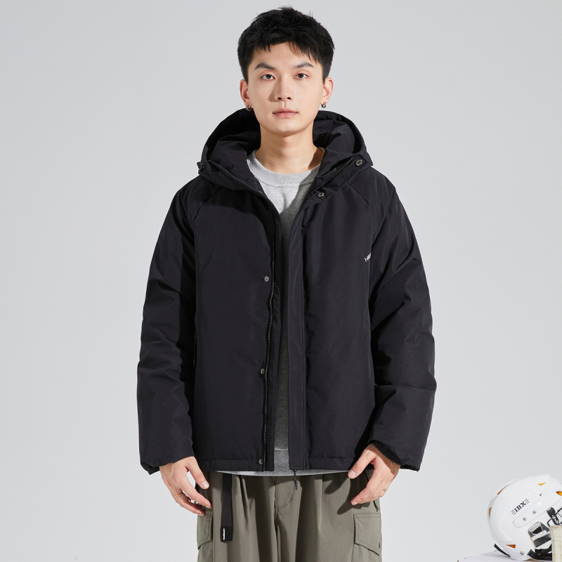 [2.5折价400元]唐狮新款男士羽绒服连帽拉链短款黑色简约休闲厚外套宽松夹克