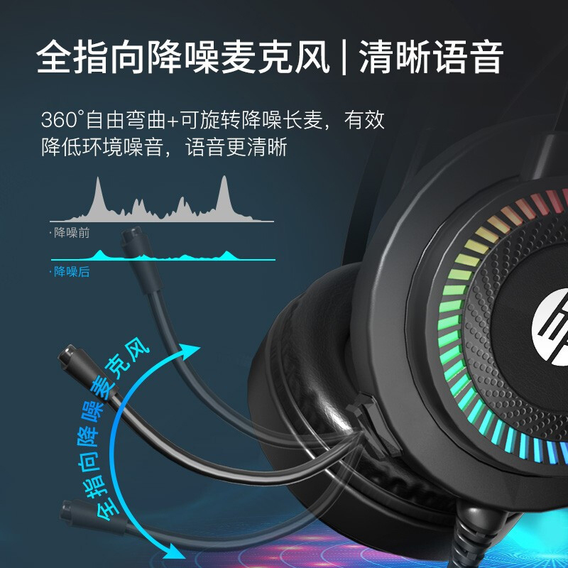 惠普(HP)GH10GS 头戴式耳机 游戏电竞电脑有线耳麦降噪台式笔记本立体声炫彩灯效 7.1声道(单USB接口) 黑色