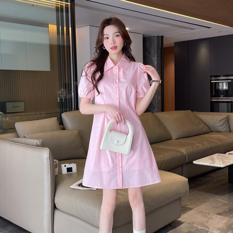 唐狮粉色短袖连衣裙新款夏季翻领泡泡袖裙子甜美女装小个子t