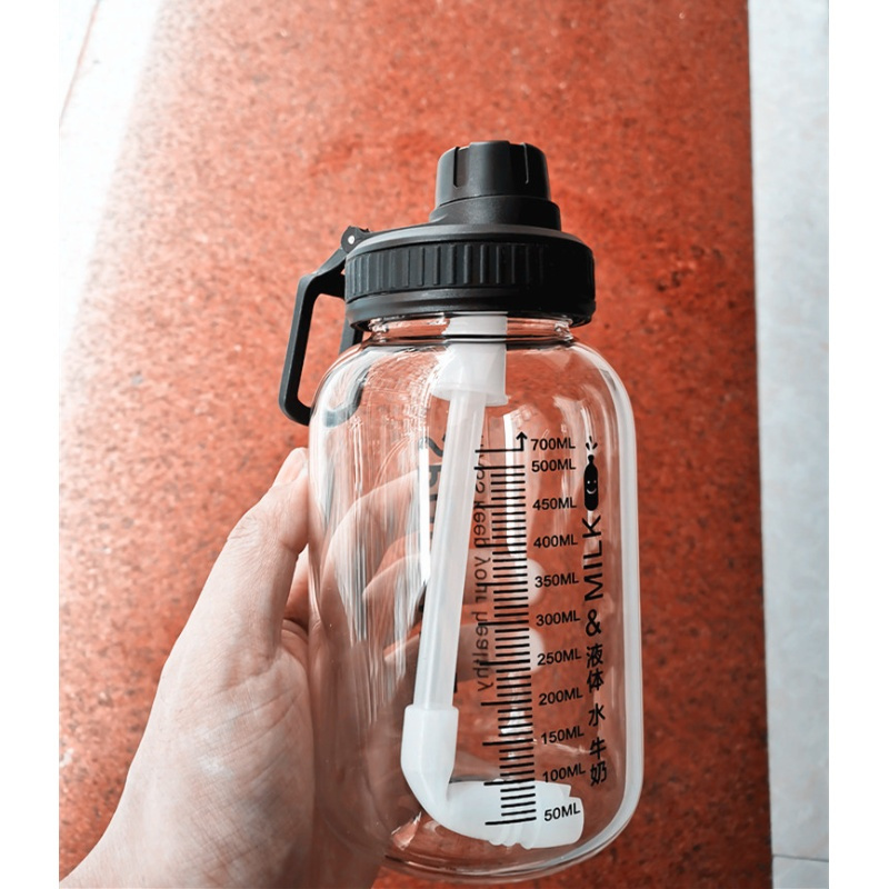 700ml黑色字母耐高温玻璃杯大号1000ml大容量水杯带茶隔吸管加厚毫升