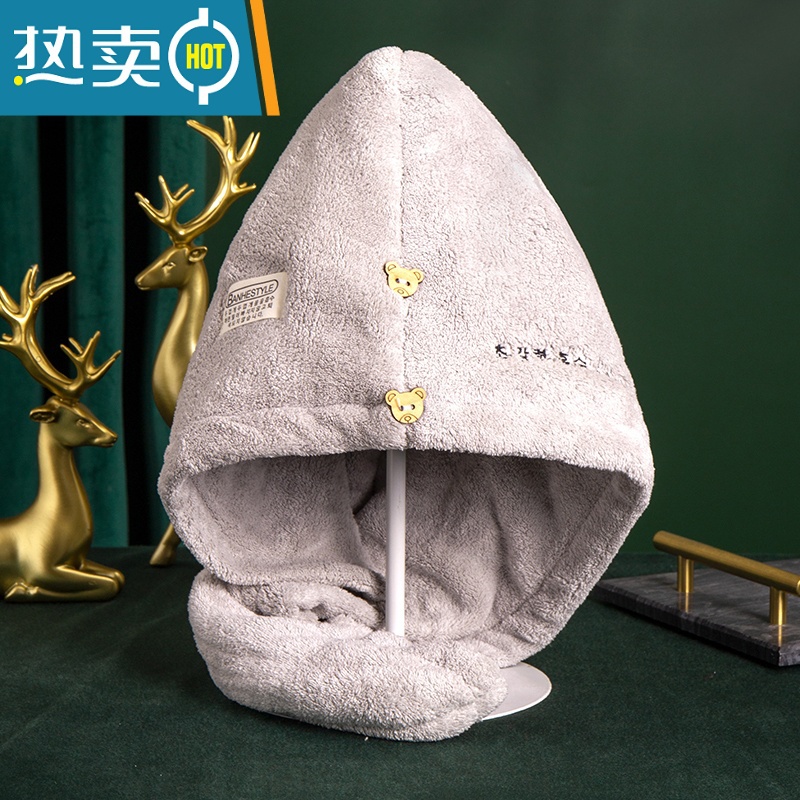 敬平珊瑚绒干发帽女家用包头发吸水速干浴帽2021网红同款可爱 [双层双扣加厚]高贵紫+优雅灰高清大图