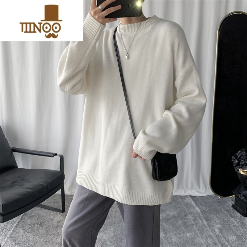 YANXU纯色毛衣男港风宽松圆领打底针织衫潮流ins套头慵懒情侣线衣 白色 M