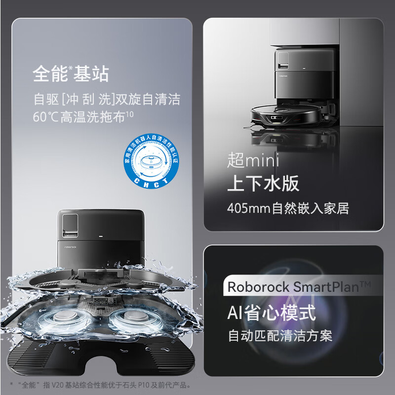 石头(roborock)黑武士超薄自动扫地机器人扫拖洗一体拖布自清洁自集尘自动机器人 V20水箱版高清大图