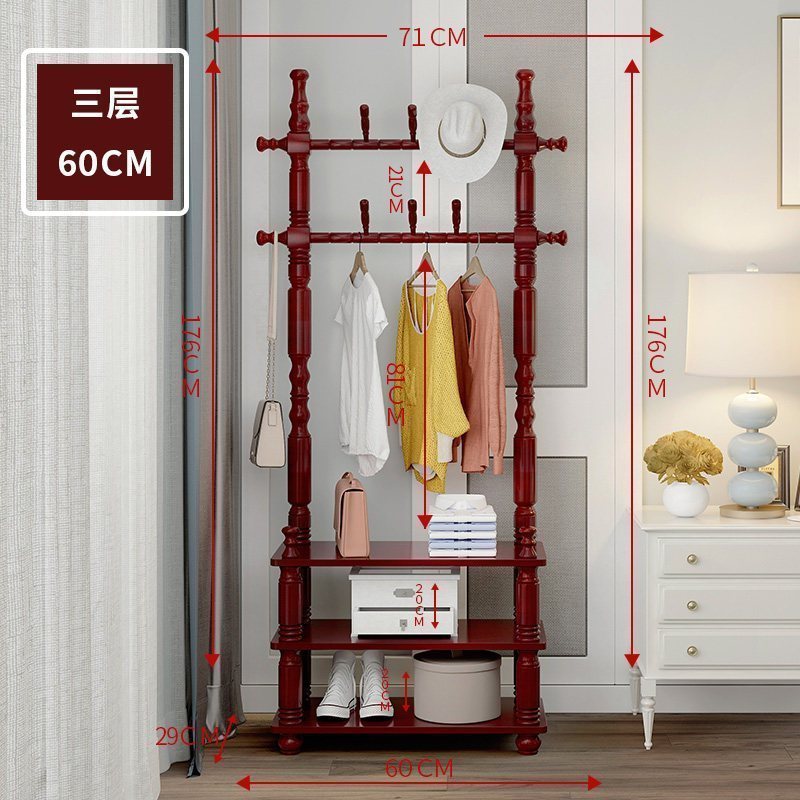 汐岩实木衣帽架落地卧室挂衣架欧式厅置物架客厅衣服架现代简约衣架 酒红色-三层-60cm