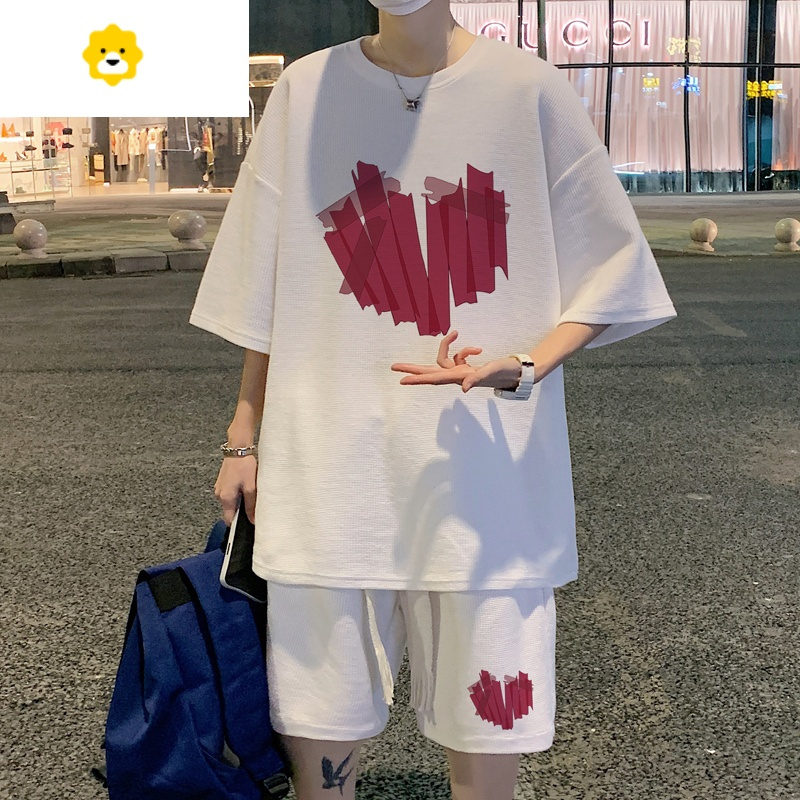 fish basket华夫格t恤男士夏季套装潮牌ins宽松短袖短裤一套冰丝运动