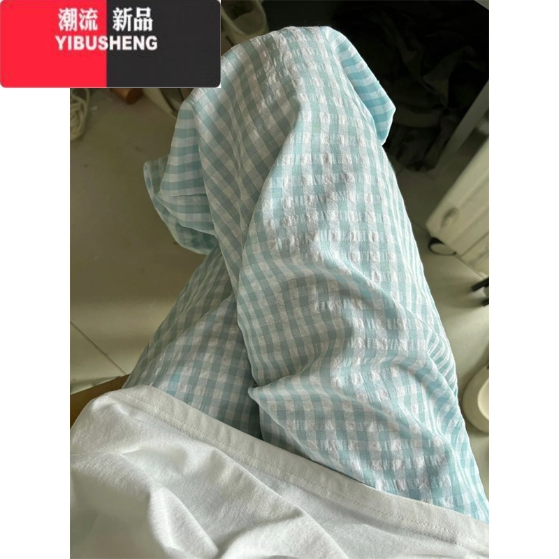 YIBUSHENG韩系冰丝蓝色格子阔腿休闲裤女季薄款小个子直筒宽松慵懒遛弯闲高清大图