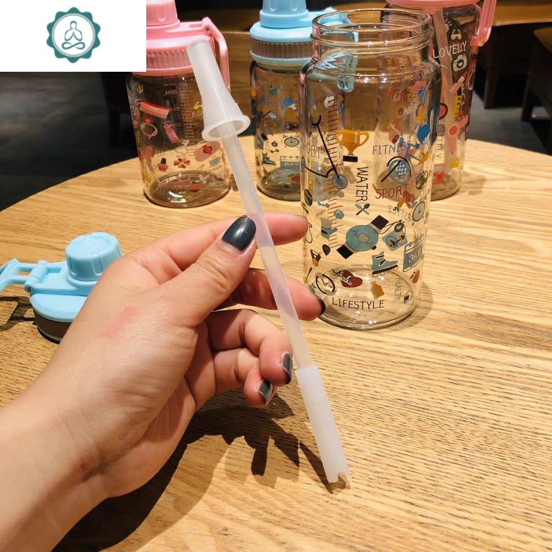 刻度吸管玻璃水杯子ins风网红少女清新便携 玻璃杯