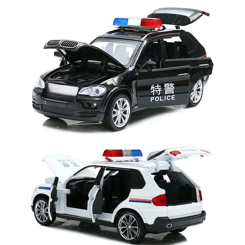 仿真小汽车合金模型车六开宝马警察车特警声光回力开男孩 白色宝马六开门警车+送电池+螺丝刀+路标+人偶高清大图