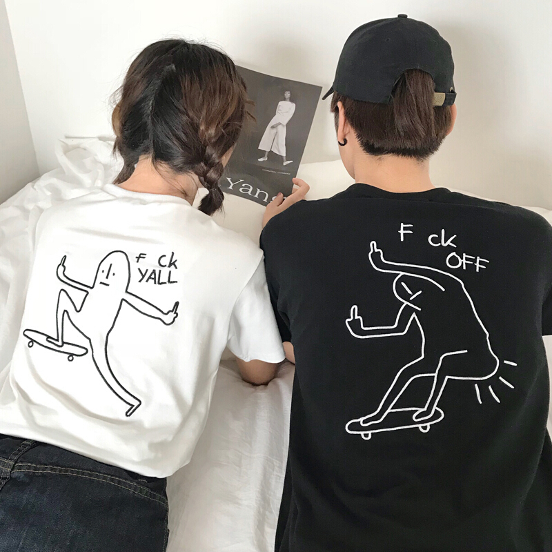 夏装女装2018新款韩版个性卡通刺绣情侣闺蜜款宽松短袖T恤上衣潮
