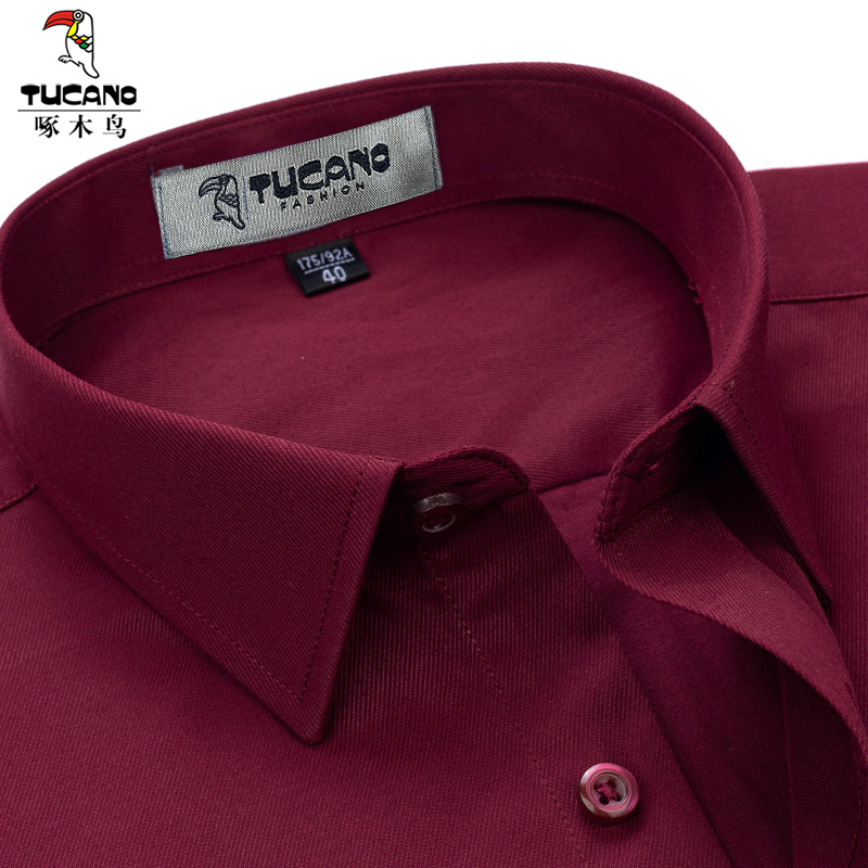 啄木鸟春季大码衬衫男长袖商务休闲酒红色本命年加大加肥中年衬衣