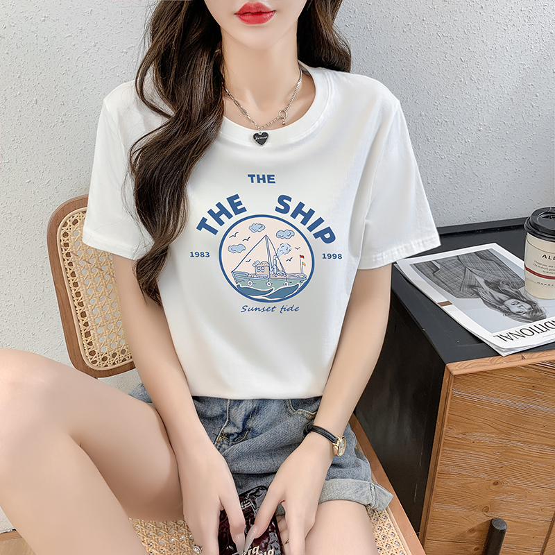 (粉色小熊)2023年女夏季新款宽松韩版白色圆领印花半袖t恤短袖t恤