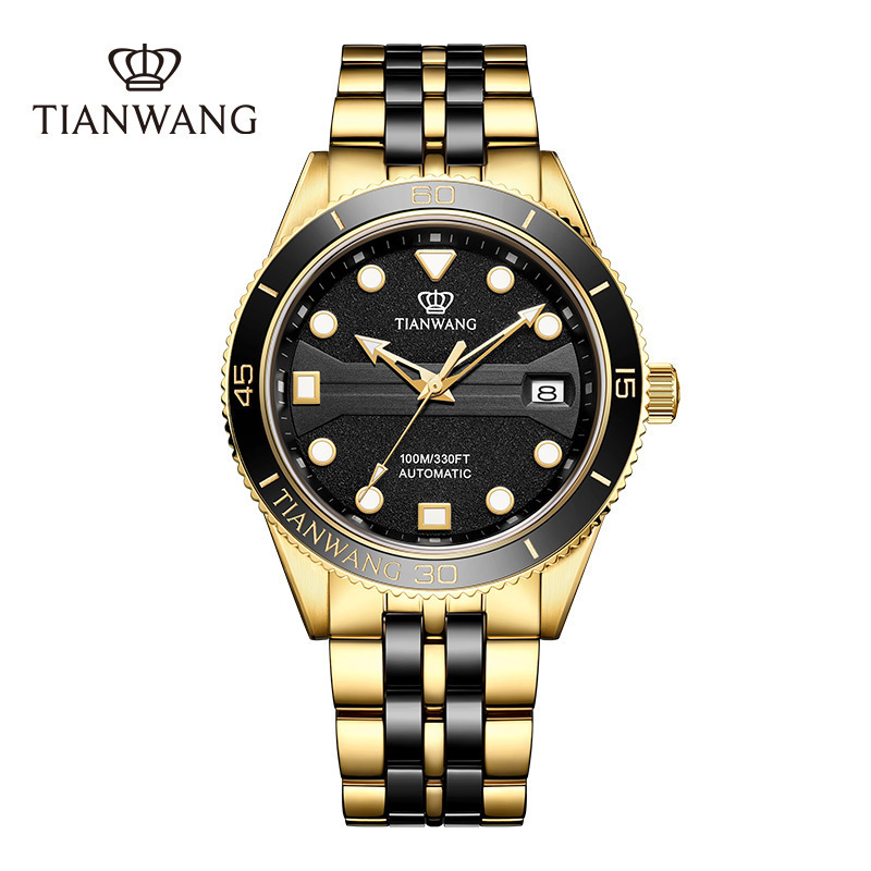 天王表男士机械表闪耀黑金钢带男表夜光显示2023年限定款101163