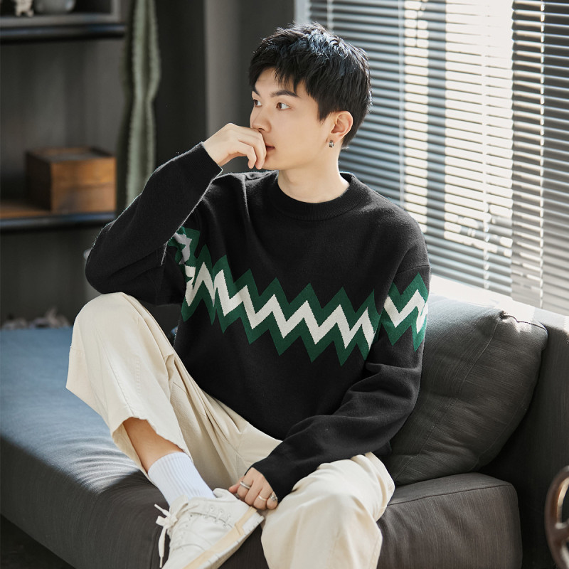 3件85折价1019元叠加优惠券唐狮男士毛衣冬季新款撞色提花圆领毛衫男