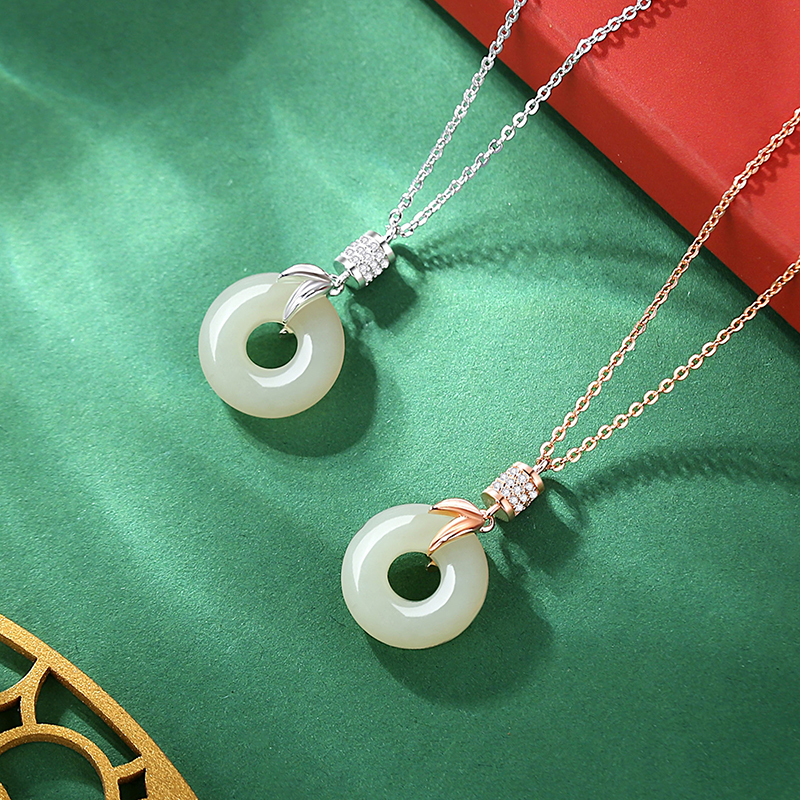 鑫铂尼平安扣925银项链国潮轻奢中式锁骨和田玉吊坠七夕情人节生日