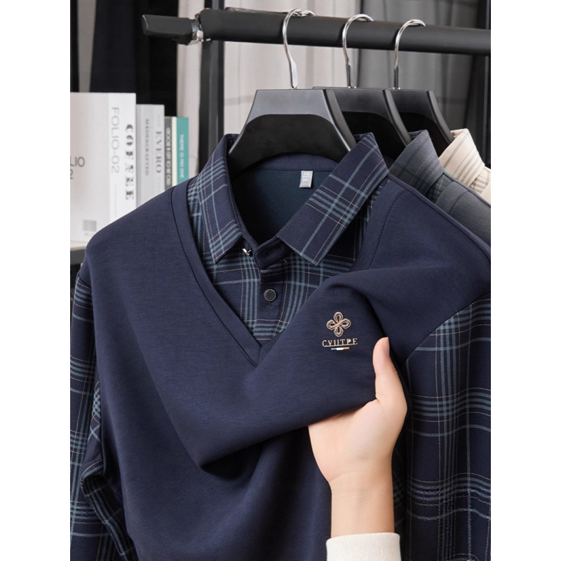 爸爸装春秋款长袖T恤中老年男士休闲套头打底衫秋季假两件polo衫