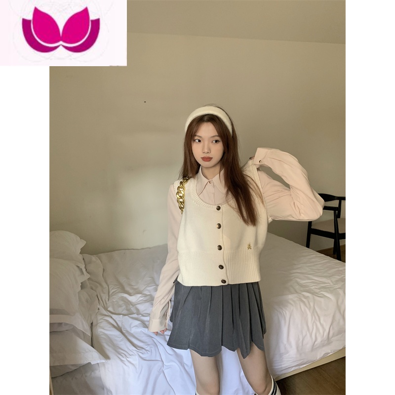 七斓法式少女粉长袖衬衫女秋季百搭甜美学院风上衣叠穿小背心套装高清大图