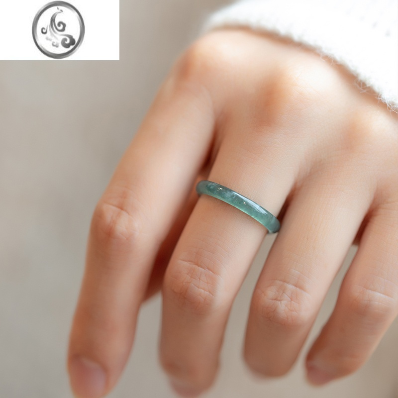 jimi翡翠冰蓝水戒指a货细指环冰种玉戒圈情侣款对戒细条尾戒女