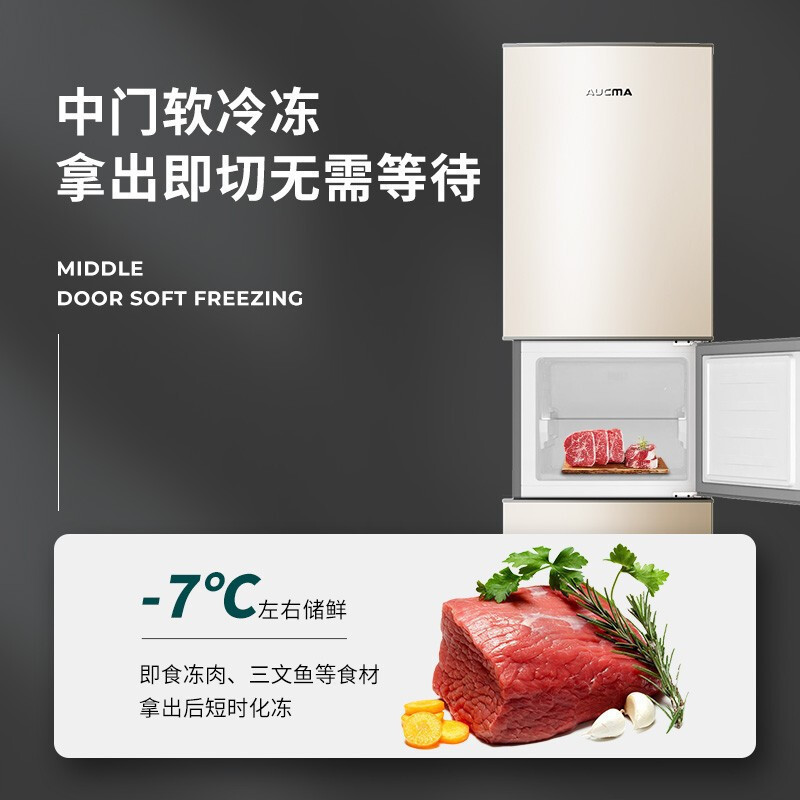 澳柯玛(AUCMA)206升小型节能三门家用出租房用电冰箱 中门软冷冻即切即用 节能低噪 BCD-206NE