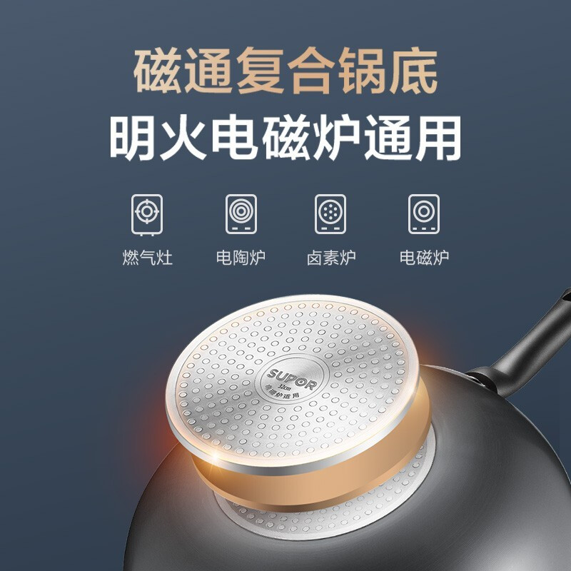 苏泊尔(SUPOR)炒锅不粘锅平底轻油烟炒菜锅电磁炉燃煤气通用不沾锅复底加厚炒锅 30cm EC30ZP02高清大图