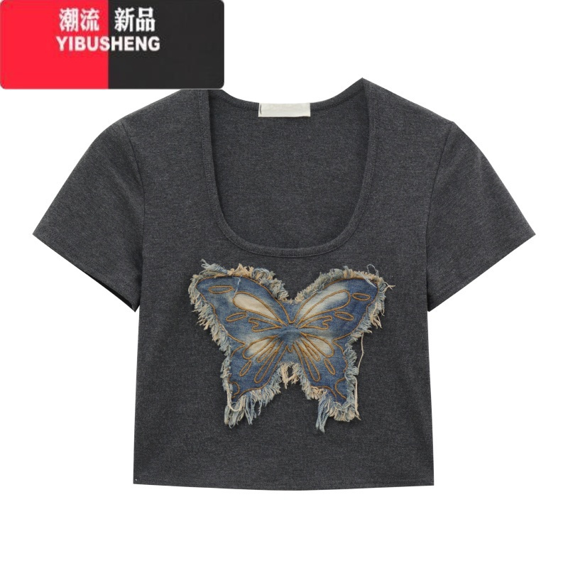 YIBUSHENG贴布蝴蝶U领短袖T恤女季2024新款修身显瘦短款露肚脐辣妹上衣潮