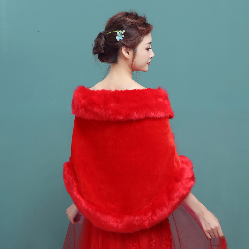 热卖新娘加大码婚纱礼服红色毛披肩结婚加宽加厚双面毛胖冬季保暖披肩
