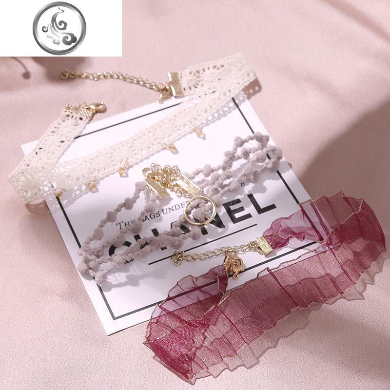 粉色锁骨链项链女学生韩版简约闺蜜蕾丝项圈性感颈带网红脖子饰品_3_876 21#温柔三件套