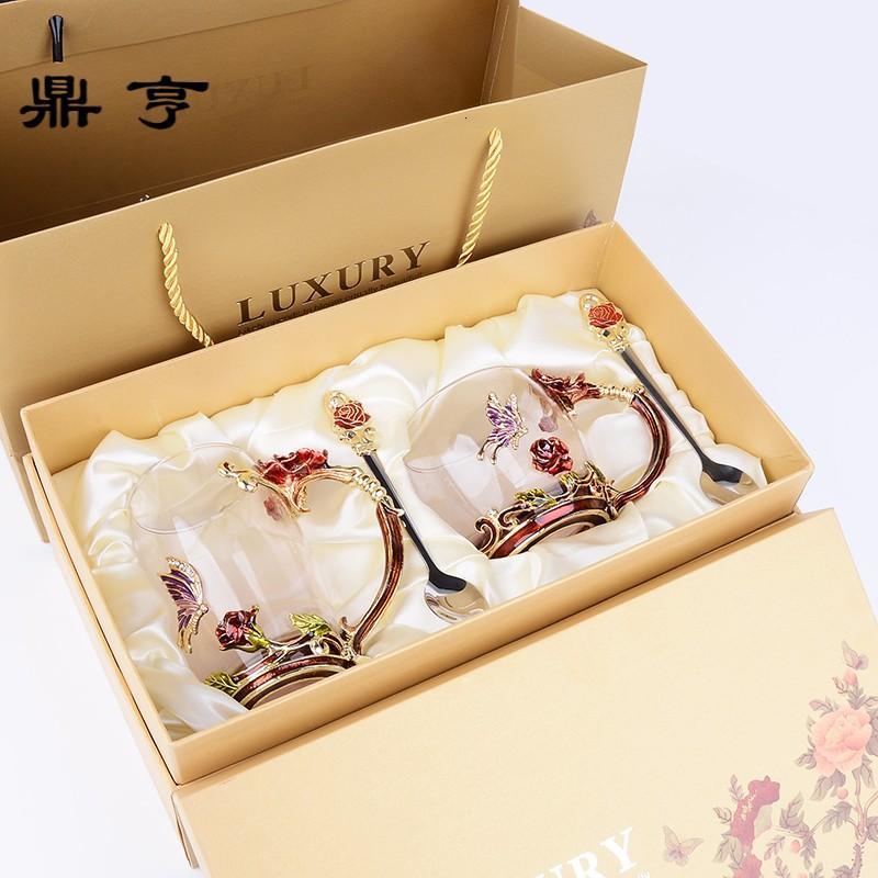 鼎亨创意珐琅彩蝶恋花玫瑰花茶杯洛施玻璃杯耐热水杯子花舍奶茶女
