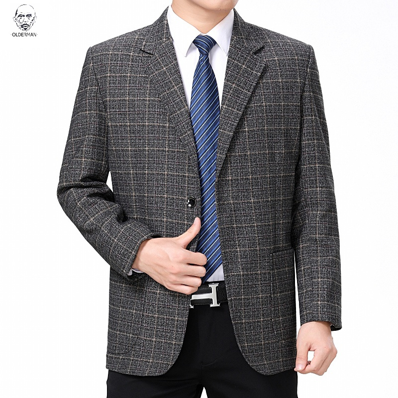 老人头2021休闲西服男士中年春秋季薄款宽松格子外套上衣50岁60老年人