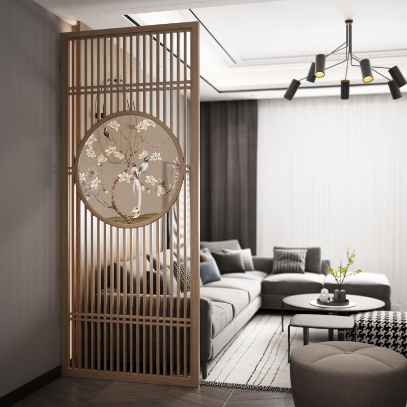新中式屏风隔断客厅布艺玄关办公简约现代实木顶天立地座屏入户 定制咨询客服 整装高清大图