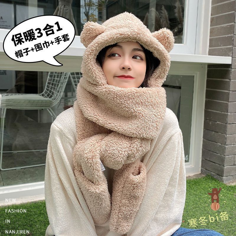 帽子围巾一体红色 均码 小熊护耳朵帽子女秋冬季可爱冬天毛绒围巾连帽一体韩版百搭保暖潮