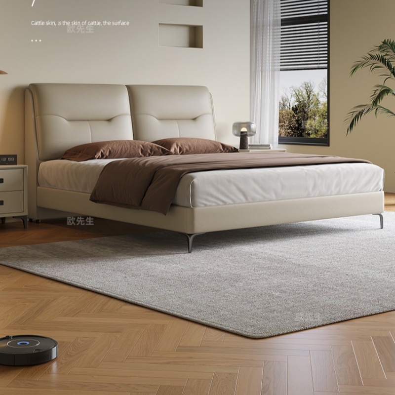 头层牛皮床主卧次卧双人大床实木真皮极简婚床高清大图