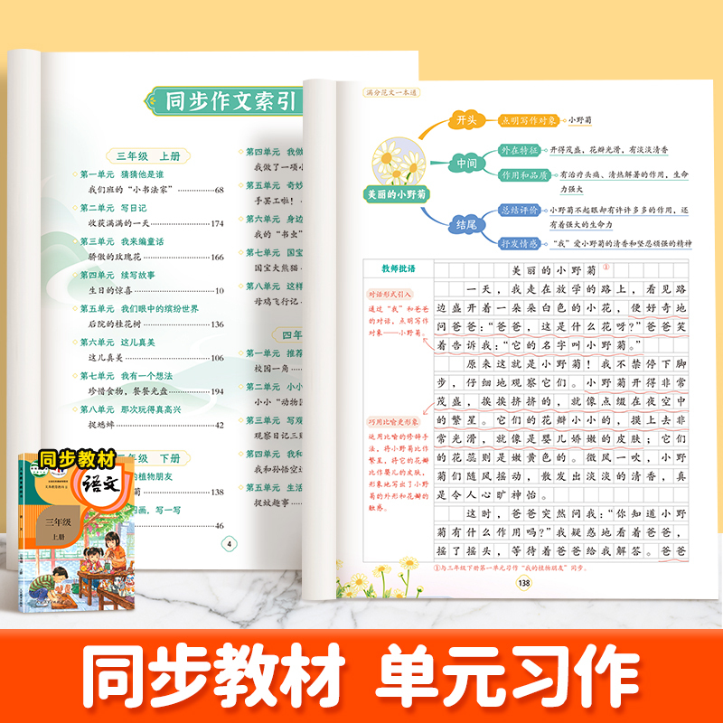 [10月新上市完整版4册]优秀作文+素材+方法+应用文 小学通用 [正版]小学生作文书大全2024年人教版同步作文三上二