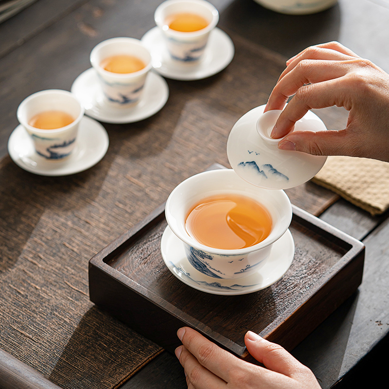 苏氏陶瓷(SUSHI CERAMICS)手绘羊脂玉茶具省级陶瓷艺术大师陈建瑞手工山水画三才盖碗礼盒装