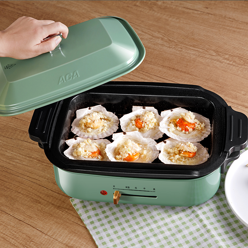 北美电器（ACA）多功能料理锅AH-MP1200 家用多功能锅料理锅 电烧烤锅电火锅蒸锅家用电烤锅烤肉机 绿色标配