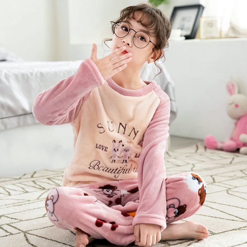 女童秋冬季宝宝珊瑚绒家居服儿童法兰绒小孩加厚款女孩睡衣套装冬豆粉