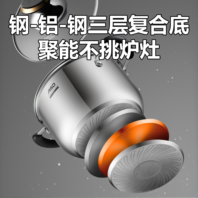 爱仕达 汤锅 304不锈钢炖锅/煲汤锅22cm 旋风加厚底/煮面锅TS22B3WG 电磁炉燃气通用