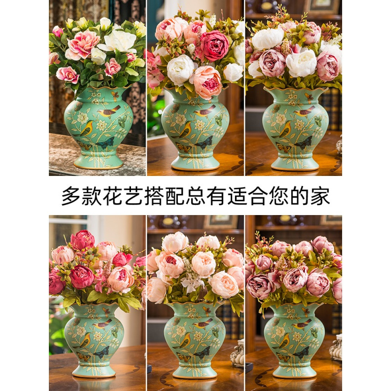 美式花瓶摆件新年家居饰品创意欧式复古客厅陶瓷仿真干花插花花器 三维工匠 蓝湖单个花器+蓝湖纸巾盒