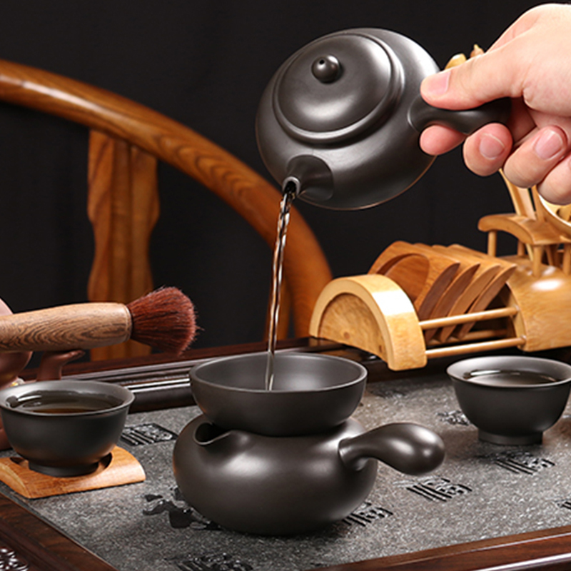 尚帝 紫砂茶具套装功夫茶杯茶壶黑檀木茶盘乌金石茶托四合一电茶炉 如意石紫砂紫气东来智能旋转加水套装