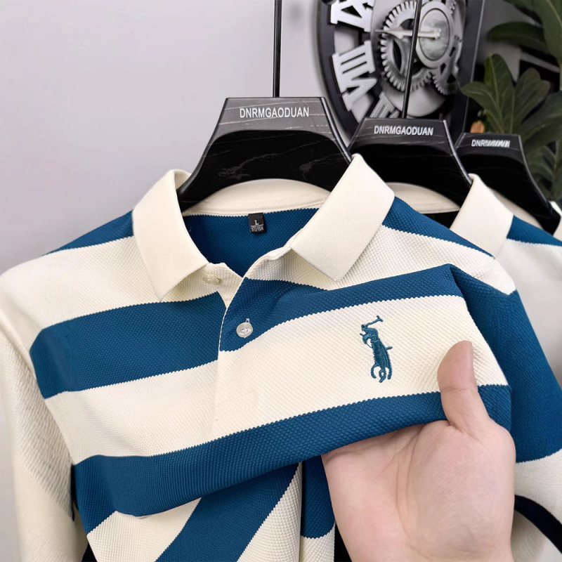 黑白宽条纹长袖polo衫男士商务休闲春秋季百搭刺绣T恤衫