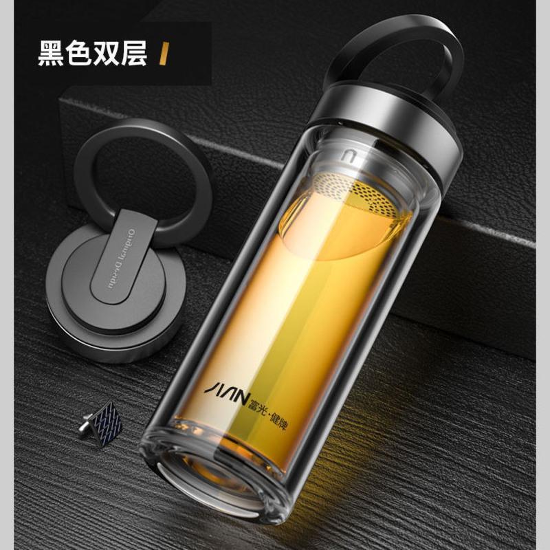 富光水杯玻璃杯便携大提环单双层高档耐高温车载男士家用茶杯 双层 黑色500ml+提环+滤网