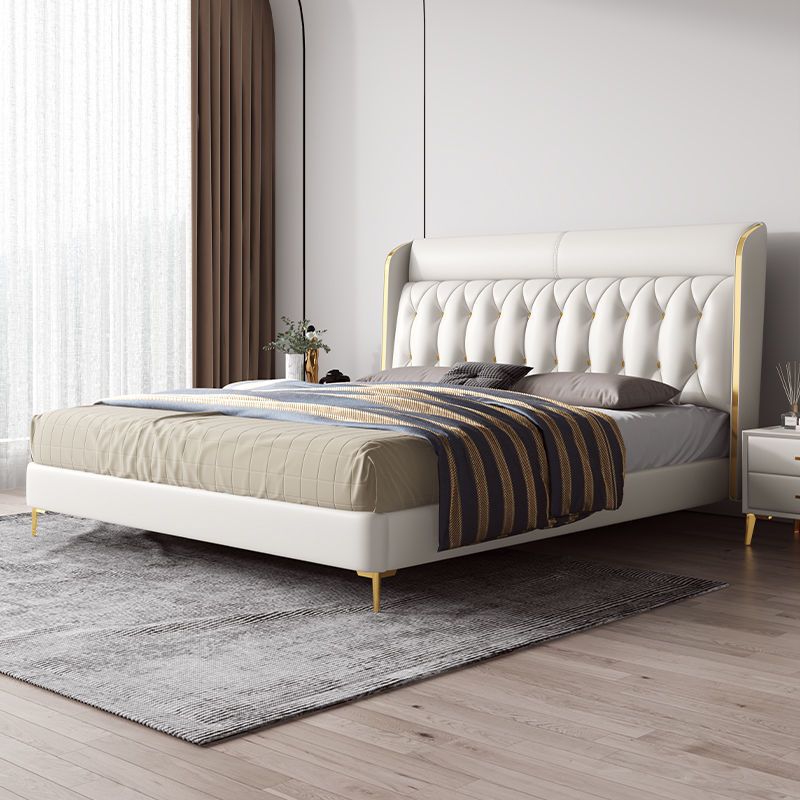 意式真皮床1.8米轻奢现代主卧大气储物软包白色网红婚床金脚