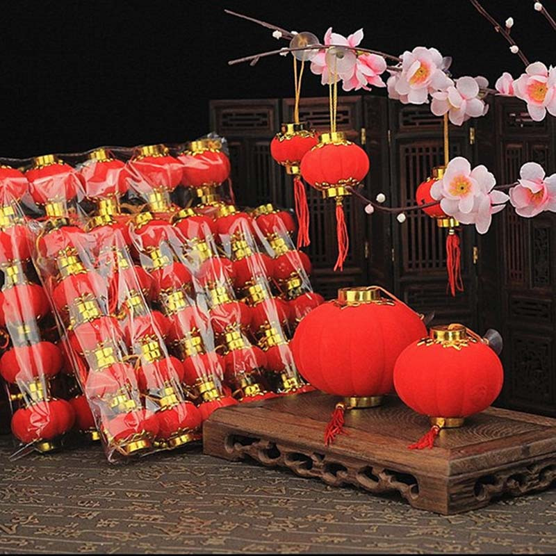 430个一包小灯笼大红灯笼植绒小灯笼挂饰中式宫灯盆景绿植乔迁婚庆